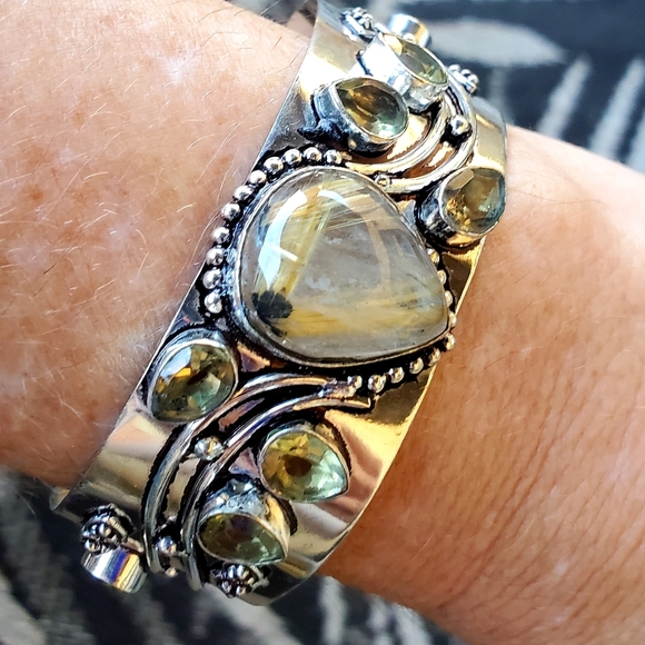 New Golden Rutile and Citrine 925 Silver Cuff Bracelet. - Picture 10 of 16